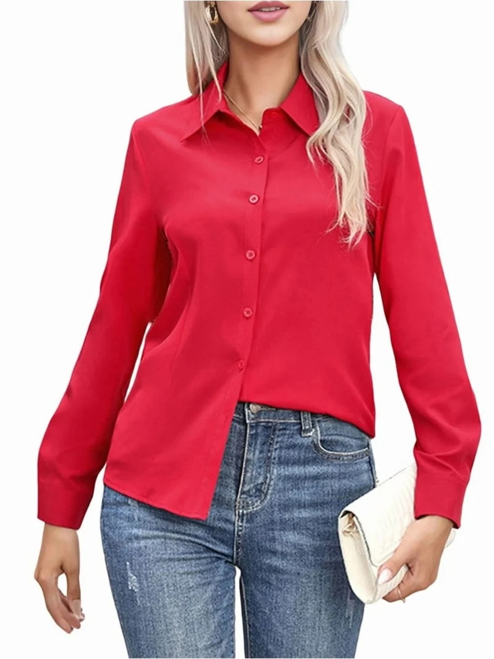 New York & Company Red Button-Down Shirt - Classic Collared Top